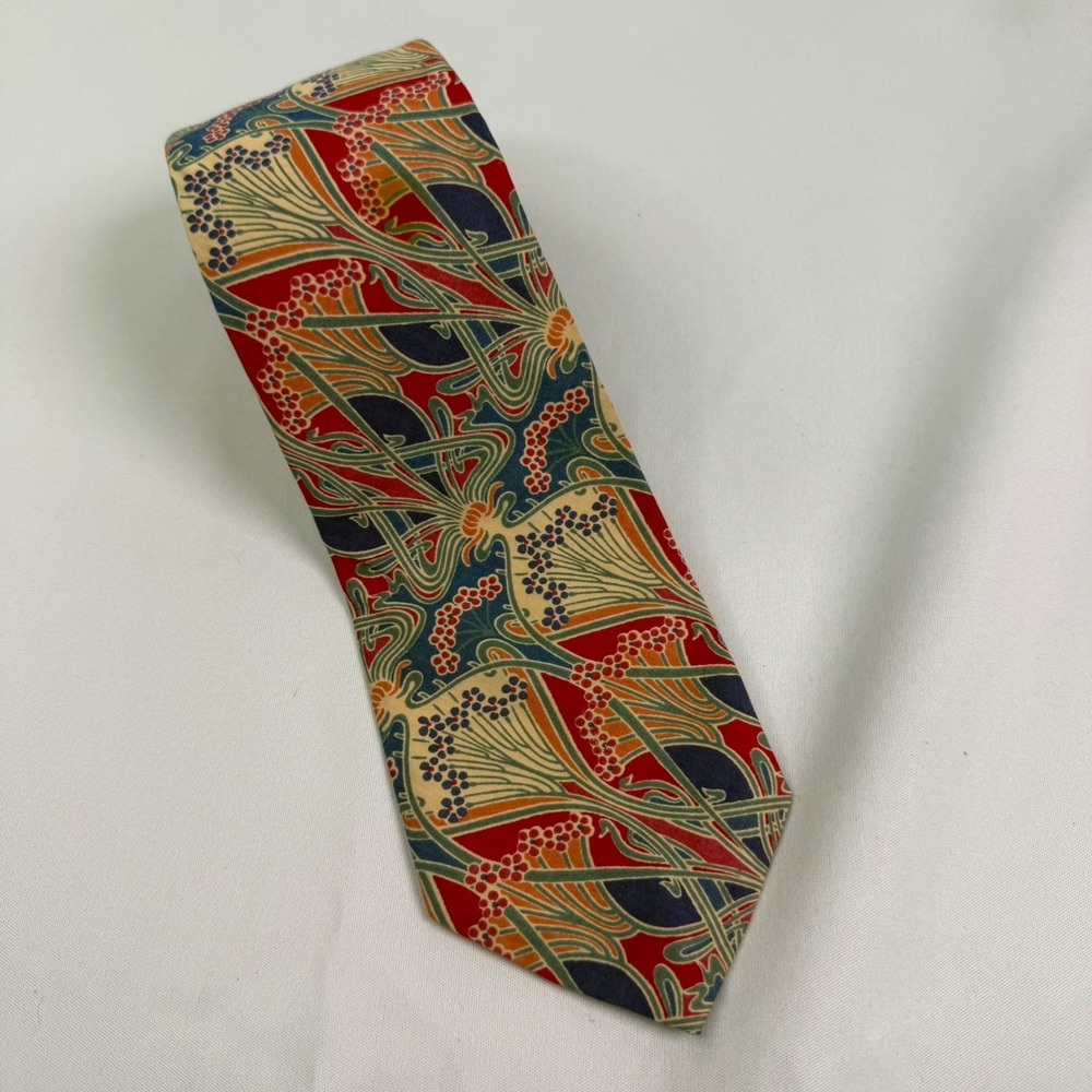 Vintage Liberty of London Ianthe Art Nouveau Cotton Tana Lawn Necktie Red Blue